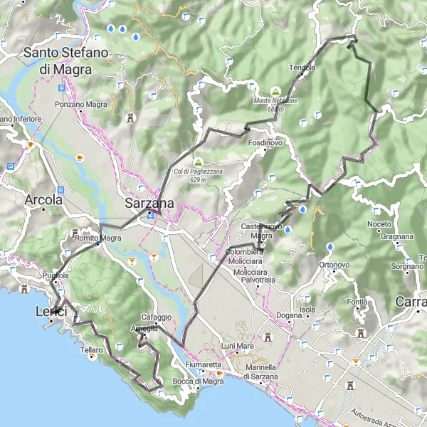 Kartminiatyr av "Lerici - Colle della Partia Road Cycling Route" sykkelinspirasjon i Liguria, Italy. Generert av Tarmacs.app sykkelrutoplanlegger