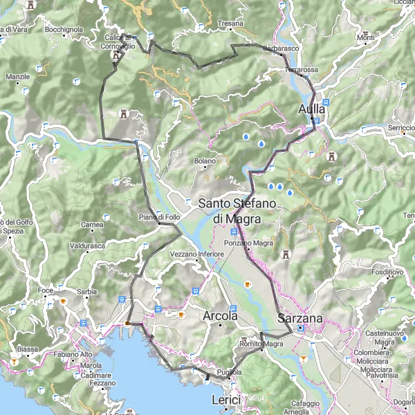 Zemljevid v pomanjšavi "Krožna kolesarska pot Pitelli - Monte Mezzano - Calice al Cornoviglio - Monte Pietrebianche - Santo Stefano di Magra - Sarzana - Belvedere" kolesarske inspiracije v Liguria, Italy. Generirano z načrtovalcem kolesarskih poti Tarmacs.app