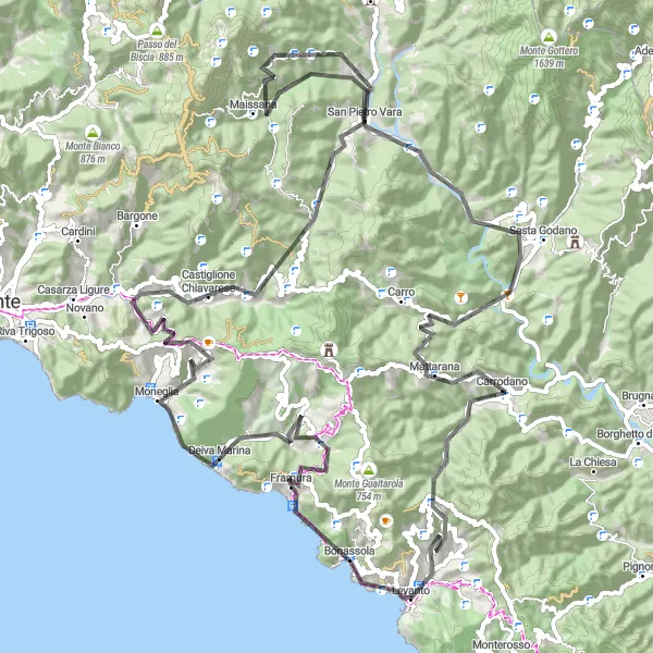 Kartminiatyr av "Landsbyer og fjell i Liguria" sykkelinspirasjon i Liguria, Italy. Generert av Tarmacs.app sykkelrutoplanlegger