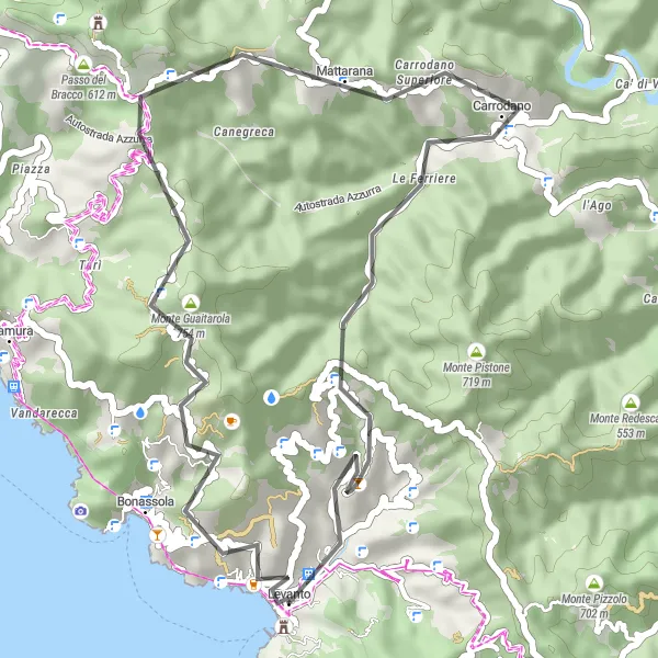 Miniature de la carte de l'inspiration cycliste "Boucle Bonassola - Monte Rossòla - Levanto" dans la Liguria, Italy. Générée par le planificateur d'itinéraire cycliste Tarmacs.app