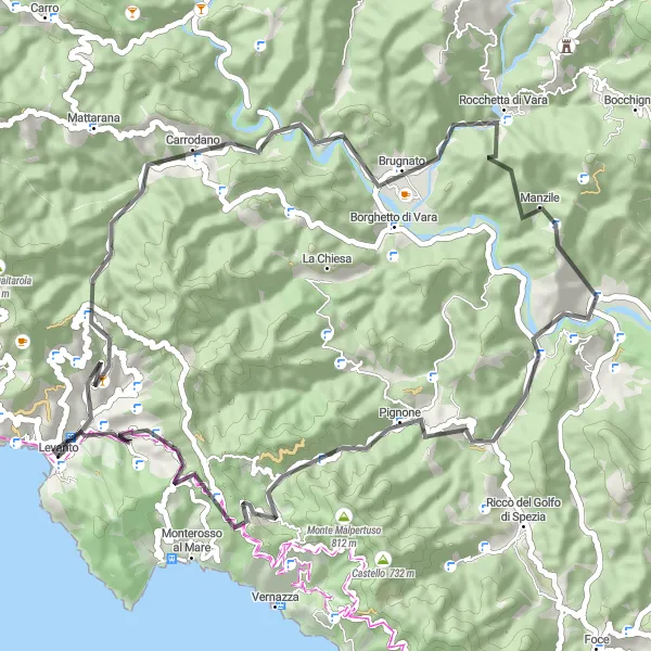 Karttaminiaatyyri "Levanto - Monte Nero - Levanto" pyöräilyinspiraatiosta alueella Liguria, Italy. Luotu Tarmacs.app pyöräilyreittisuunnittelijalla