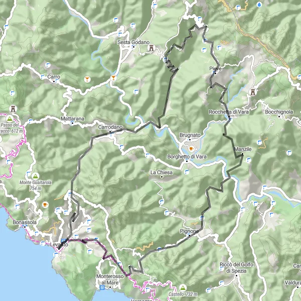 Zemljevid v pomanjšavi "Cikli ob cesti v bližini Levanta" kolesarske inspiracije v Liguria, Italy. Generirano z načrtovalcem kolesarskih poti Tarmacs.app