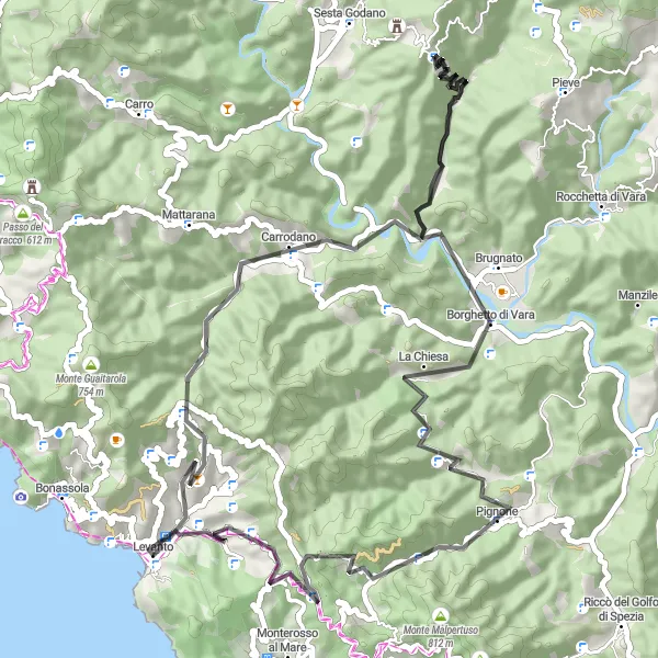 Kartminiatyr av "Kort road sykkeltur nær Levanto" sykkelinspirasjon i Liguria, Italy. Generert av Tarmacs.app sykkelrutoplanlegger