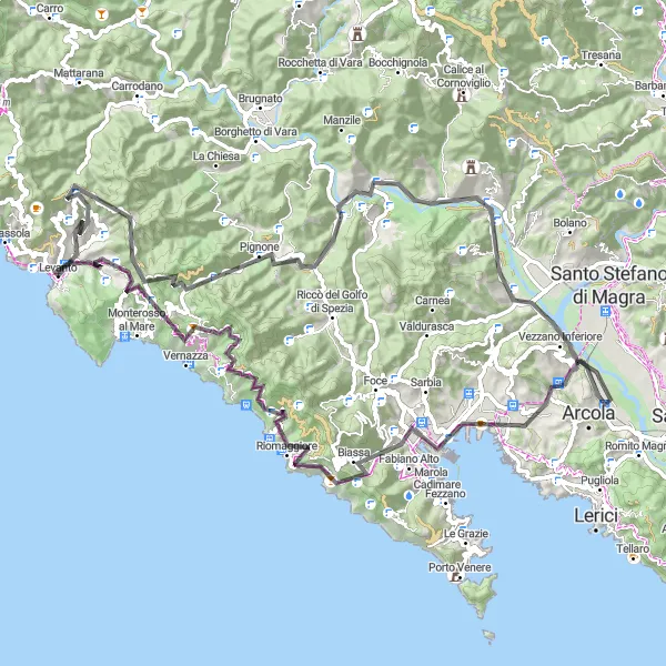 Karttaminiaatyyri "Rantareitti Levannan Tunnelmissa" pyöräilyinspiraatiosta alueella Liguria, Italy. Luotu Tarmacs.app pyöräilyreittisuunnittelijalla