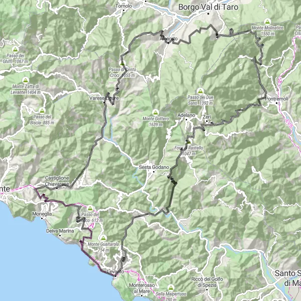 Miniatura della mappa di ispirazione al ciclismo "Giro in bicicletta da Levanto attraverso la Val di Vara" nella regione di Liguria, Italy. Generata da Tarmacs.app, pianificatore di rotte ciclistiche