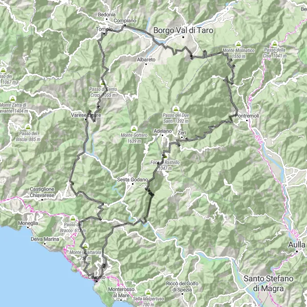 Miniatura della mappa di ispirazione al ciclismo "Tour ciclistico epico verso passo di Cento Croci" nella regione di Liguria, Italy. Generata da Tarmacs.app, pianificatore di rotte ciclistiche