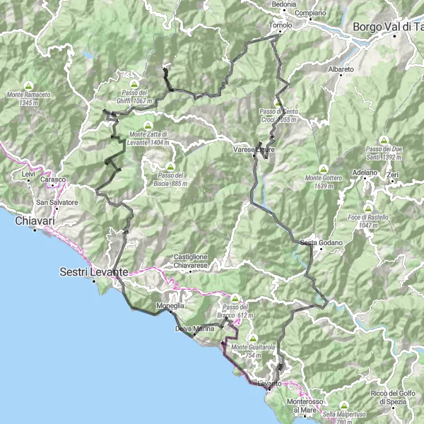 Miniatura della mappa di ispirazione al ciclismo "Giro in bicicletta attraverso la Val di Vara e la Riviera Ligure" nella regione di Liguria, Italy. Generata da Tarmacs.app, pianificatore di rotte ciclistiche