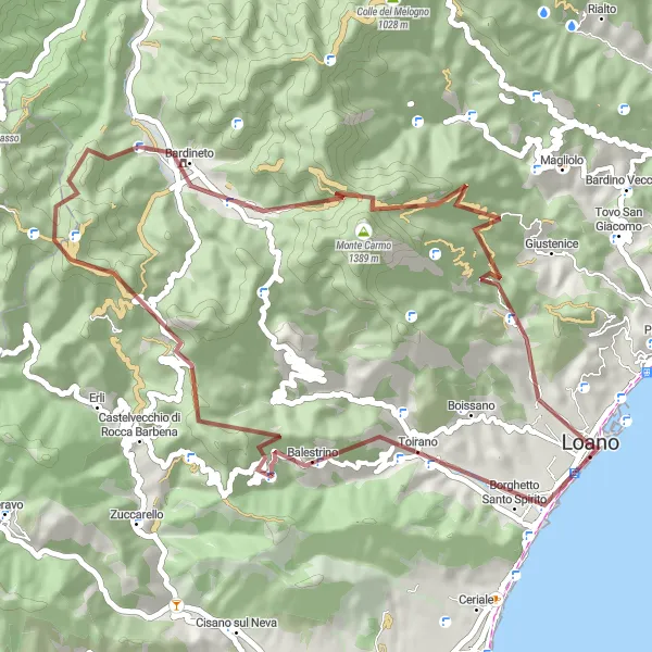 Miniature de la carte de l'inspiration cycliste "Tour gravel à partir de Loano via Poggio Dell'Arpe" dans la Liguria, Italy. Générée par le planificateur d'itinéraire cycliste Tarmacs.app