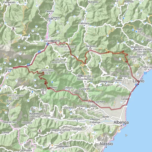 Miniatura della mappa di ispirazione al ciclismo "Giro Gravel Colle del Quasso" nella regione di Liguria, Italy. Generata da Tarmacs.app, pianificatore di rotte ciclistiche