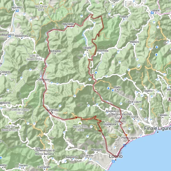 Miniatuurkaart van de fietsinspiratie "Gravelavontuur van Loano naar Pietra Ligure Route" in Liguria, Italy. Gemaakt door de Tarmacs.app fietsrouteplanner