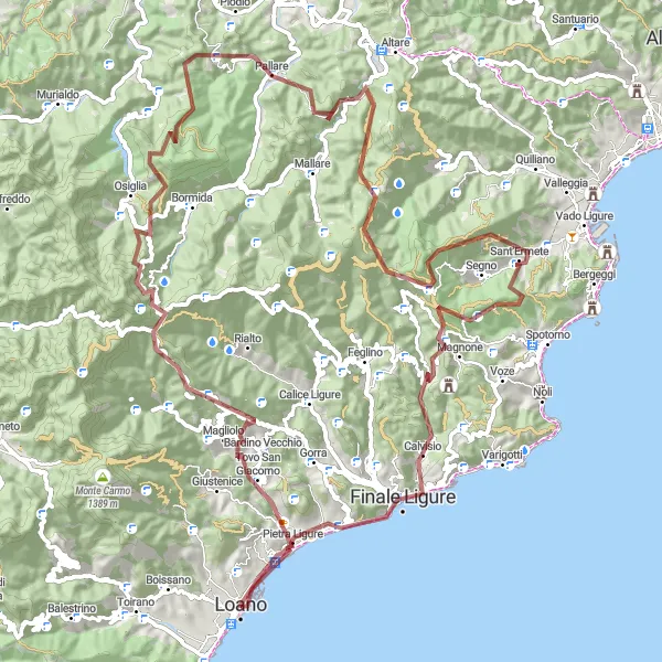 Miniature de la carte de l'inspiration cycliste "Boucle gravel au départ de Loano via Bric Gettina" dans la Liguria, Italy. Générée par le planificateur d'itinéraire cycliste Tarmacs.app