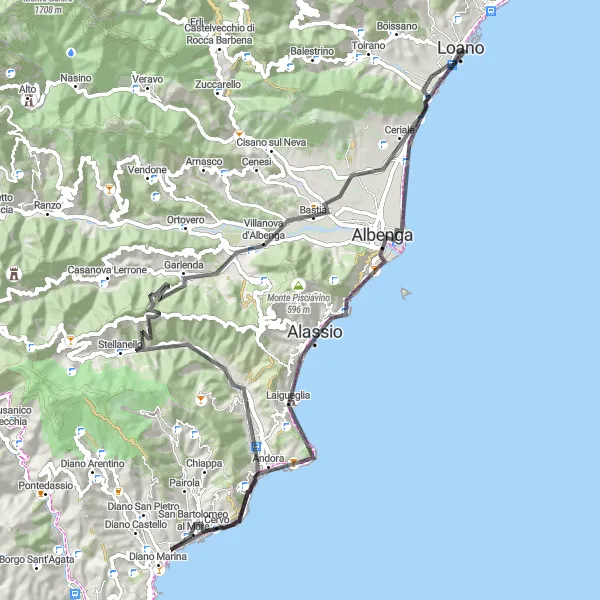 Miniatura della mappa di ispirazione al ciclismo "Road Adventure to Ceriale" nella regione di Liguria, Italy. Generata da Tarmacs.app, pianificatore di rotte ciclistiche