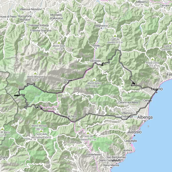 Map miniature of "The Ligurian Hills Road Cycling Challenge" cycling inspiration in Liguria, Italy. Generated by Tarmacs.app cycling route planner
