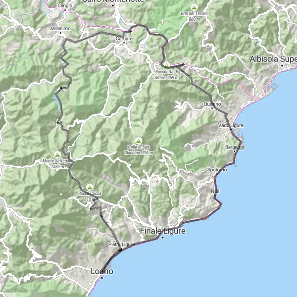 Miniature de la carte de l'inspiration cycliste "Parcours routier autour de Loano via Rocca Cucca" dans la Liguria, Italy. Générée par le planificateur d'itinéraire cycliste Tarmacs.app