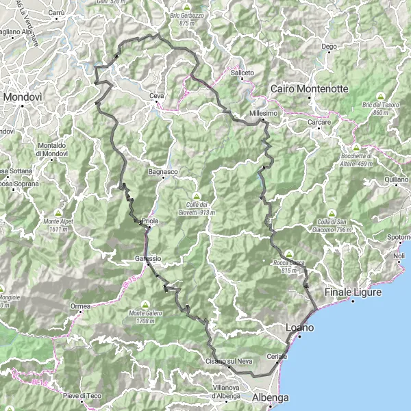 Miniatura della mappa di ispirazione al ciclismo "Giro in bicicletta da Loano a Monte Piccaro" nella regione di Liguria, Italy. Generata da Tarmacs.app, pianificatore di rotte ciclistiche