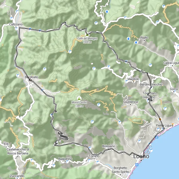 Miniatura della mappa di ispirazione al ciclismo "Road Ride to Tovo San Giacomo" nella regione di Liguria, Italy. Generata da Tarmacs.app, pianificatore di rotte ciclistiche
