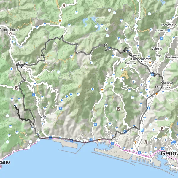 Miniatuurkaart van de fietsinspiratie "Klimavontuur van Manesseno naar Ceranesi" in Liguria, Italy. Gemaakt door de Tarmacs.app fietsrouteplanner
