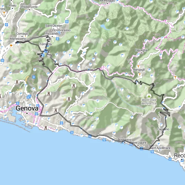 Miniaturní mapa "Cyklistická stezka Manesseno - Sussisa - Trensasco" inspirace pro cyklisty v oblasti Liguria, Italy. Vytvořeno pomocí plánovače tras Tarmacs.app