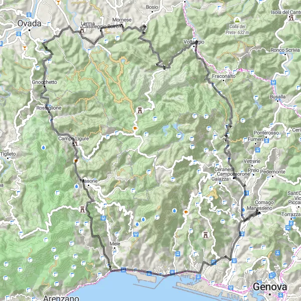 Miniatura della mappa di ispirazione al ciclismo "Tour in bicicletta verso Passo della Bocchetta" nella regione di Liguria, Italy. Generata da Tarmacs.app, pianificatore di rotte ciclistiche