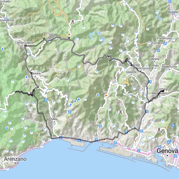 Kartminiatyr av "Kulturelle perler og naturskjønne topper i Liguria" sykkelinspirasjon i Liguria, Italy. Generert av Tarmacs.app sykkelrutoplanlegger