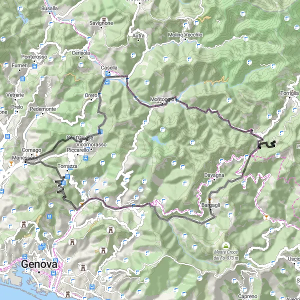 Zemljevid v pomanjšavi "Raziskovanje od Busallette do Valico di Trensasco" kolesarske inspiracije v Liguria, Italy. Generirano z načrtovalcem kolesarskih poti Tarmacs.app