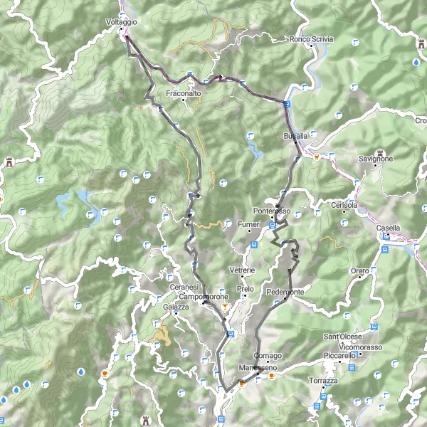 Miniatura della mappa di ispirazione al ciclismo "Giro delle Valli Liguri" nella regione di Liguria, Italy. Generata da Tarmacs.app, pianificatore di rotte ciclistiche