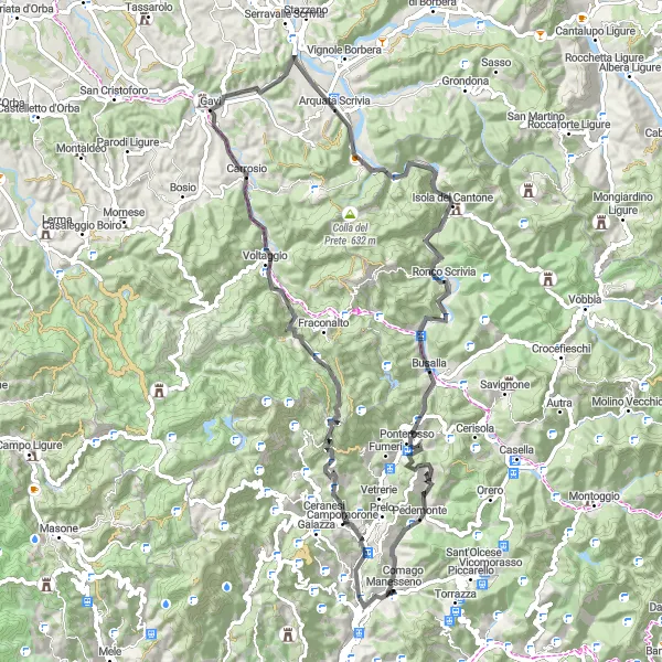 Karten-Miniaturansicht der Radinspiration "Rundfahrt von Manesseno nach Campomorone" in Liguria, Italy. Erstellt vom Tarmacs.app-Routenplaner für Radtouren