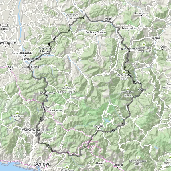 Kartminiatyr av "Utmanande cykeltur till Monte Ronzone" cykelinspiration i Liguria, Italy. Genererad av Tarmacs.app cykelruttplanerare