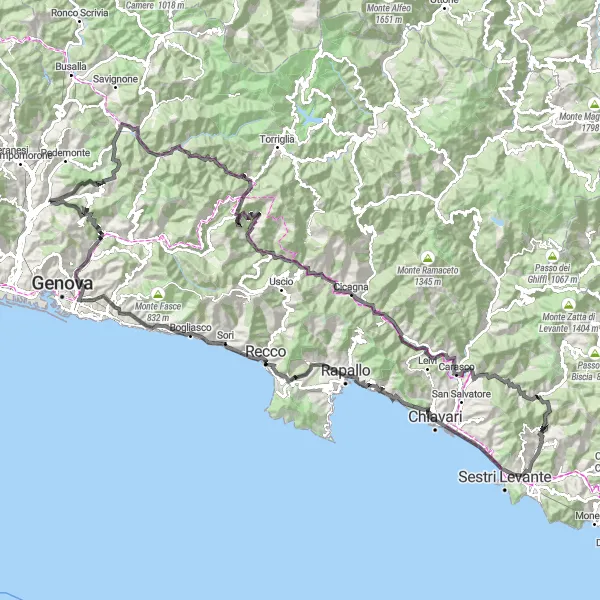 Miniaturní mapa "Náročná cyklotrasa s více než 3000 m převýšením" inspirace pro cyklisty v oblasti Liguria, Italy. Vytvořeno pomocí plánovače tras Tarmacs.app