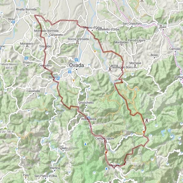Mapa miniatúra "Gravelová cyklotrasa cez Campo Ligure a Casaleggio Boiro" cyklistická inšpirácia v Liguria, Italy. Vygenerované cyklistickým plánovačom trás Tarmacs.app