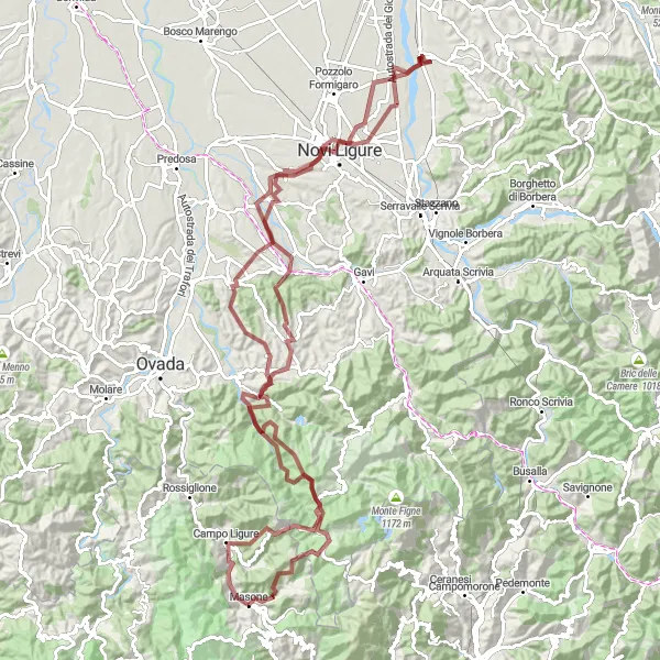 Miniatura della mappa di ispirazione al ciclismo "Tour in bicicletta gravel da Masone a Monte Pracaban" nella regione di Liguria, Italy. Generata da Tarmacs.app, pianificatore di rotte ciclistiche