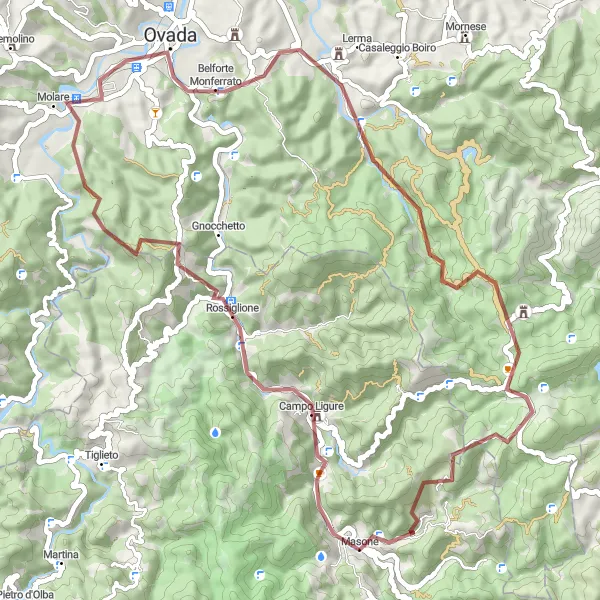 Miniature de la carte de l'inspiration cycliste "Aventure gravel à travers la campagne" dans la Liguria, Italy. Générée par le planificateur d'itinéraire cycliste Tarmacs.app