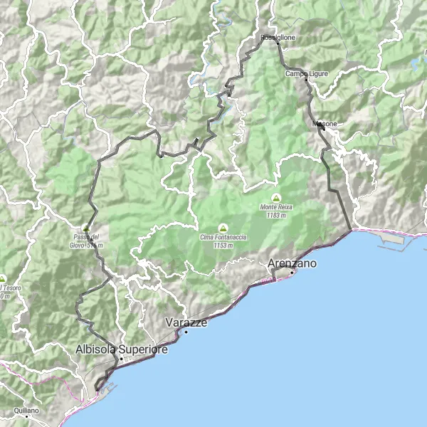 Miniatura della mappa di ispirazione al ciclismo "Tour sulle montagne liguri da Masone a Monte Croce" nella regione di Liguria, Italy. Generata da Tarmacs.app, pianificatore di rotte ciclistiche