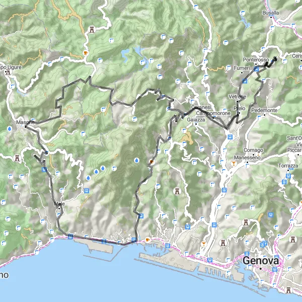 Mapa miniatúra "Cyklistická trasa cez Piani di Praglia a Monte Orditano" cyklistická inšpirácia v Liguria, Italy. Vygenerované cyklistickým plánovačom trás Tarmacs.app