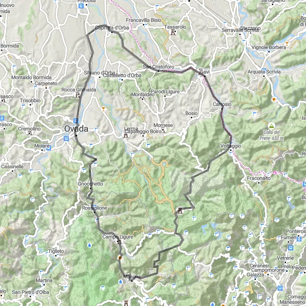 Miniatua del mapa de inspiración ciclista "Ruta de ciclismo de carretera desde Masone a la Montà" en Liguria, Italy. Generado por Tarmacs.app planificador de rutas ciclistas