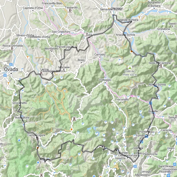 Miniatua del mapa de inspiración ciclista "Ruta de Ciclismo de Carretera desde Masone" en Liguria, Italy. Generado por Tarmacs.app planificador de rutas ciclistas