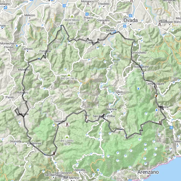 Miniatua del mapa de inspiración ciclista "Ruta de ciclismo de carretera desde Masone" en Liguria, Italy. Generado por Tarmacs.app planificador de rutas ciclistas