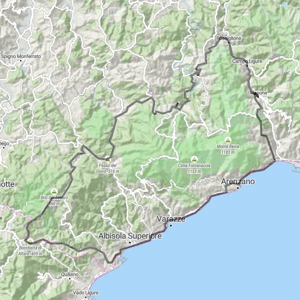 Miniatua del mapa de inspiración ciclista "Ruta de ciclismo de carretera desde Vesima a Monte Croce" en Liguria, Italy. Generado por Tarmacs.app planificador de rutas ciclistas