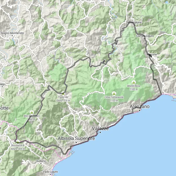 Kartminiatyr av "Utmanande landsvägsrutt i Ligurien" cykelinspiration i Liguria, Italy. Genererad av Tarmacs.app cykelruttplanerare