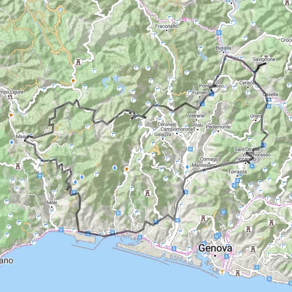 Miniatura della mappa di ispirazione al ciclismo "Giro in bicicletta da Masone ai Piani di Praglia" nella regione di Liguria, Italy. Generata da Tarmacs.app, pianificatore di rotte ciclistiche