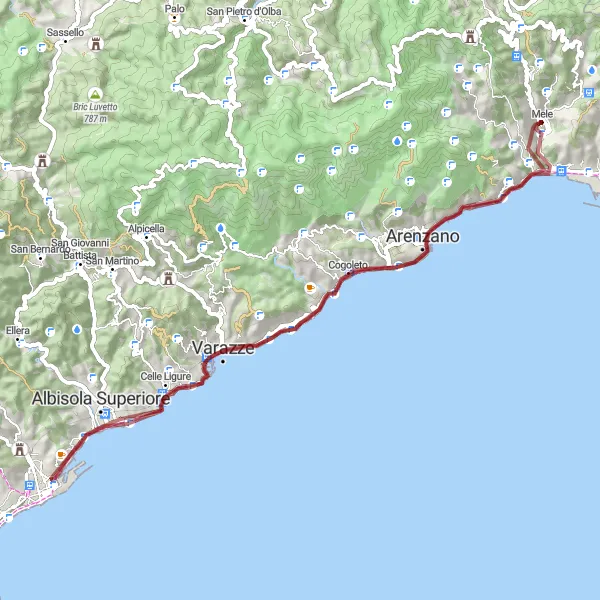 Zemljevid v pomanjšavi "Gravel krožna pot preko Savone" kolesarske inspiracije v Liguria, Italy. Generirano z načrtovalcem kolesarskih poti Tarmacs.app