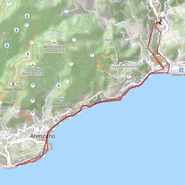 Karttaminiaatyyri "Pyöräilyreitti Mele-Molo di Ponente-San Nicolò-Mele" pyöräilyinspiraatiosta alueella Liguria, Italy. Luotu Tarmacs.app pyöräilyreittisuunnittelijalla