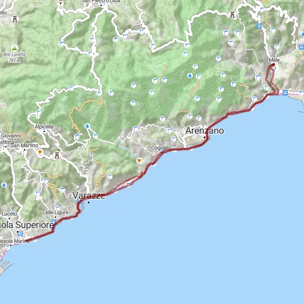 Miniatuurkaart van de fietsinspiratie "Gravel Route rond Mele" in Liguria, Italy. Gemaakt door de Tarmacs.app fietsrouteplanner
