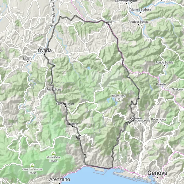 Miniatuurkaart van de fietsinspiratie "Historische beklimming door Gavi en Voltaggio" in Liguria, Italy. Gemaakt door de Tarmacs.app fietsrouteplanner