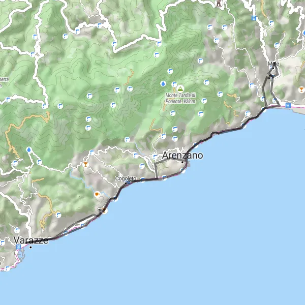 Miniatura della mappa di ispirazione al ciclismo "Giro in bici da Mele a Varazze" nella regione di Liguria, Italy. Generata da Tarmacs.app, pianificatore di rotte ciclistiche