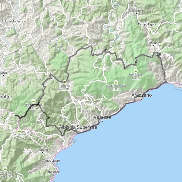 Mapa miniatúra "Extrémna jazda cez Ligúrsko" cyklistická inšpirácia v Liguria, Italy. Vygenerované cyklistickým plánovačom trás Tarmacs.app