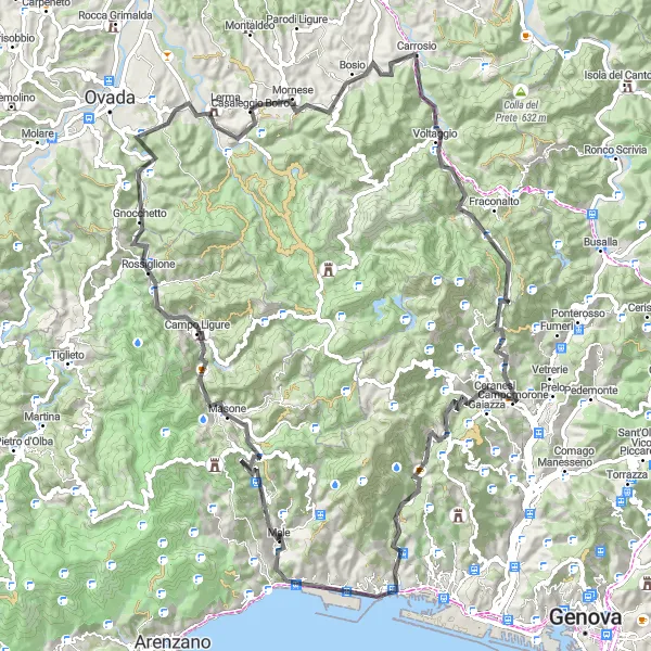 Miniatura della mappa di ispirazione al ciclismo "Tra Passi e Borghi Liguri" nella regione di Liguria, Italy. Generata da Tarmacs.app, pianificatore di rotte ciclistiche