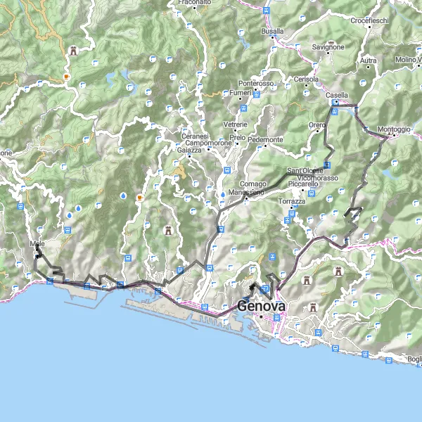 Miniatura mapy "Trasa z Mele do Genui przez pasmo górskie" - trasy rowerowej w Liguria, Italy. Wygenerowane przez planer tras rowerowych Tarmacs.app