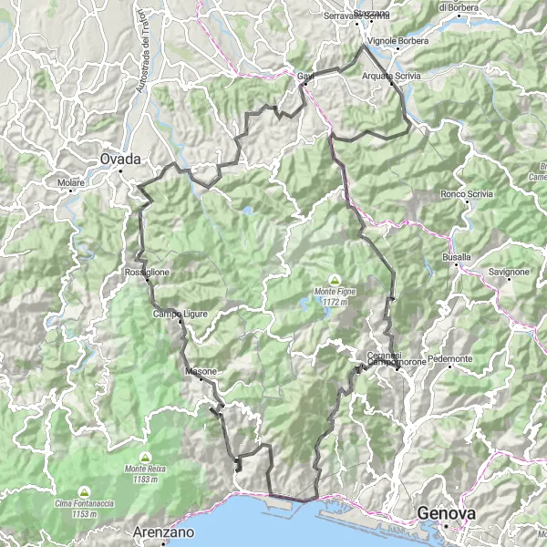 Map miniature of "Passo del Turchino and Charming Villages" cycling inspiration in Liguria, Italy. Generated by Tarmacs.app cycling route planner