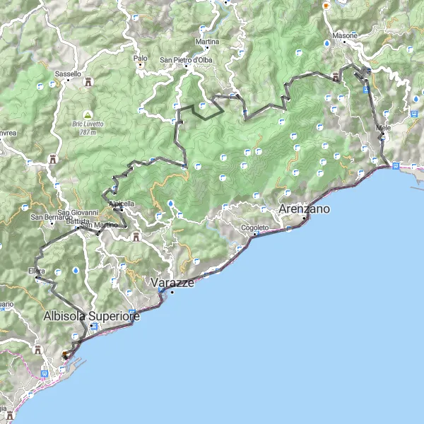 Miniature de la carte de l'inspiration cycliste "Parcours du Monte Beigua" dans la Liguria, Italy. Générée par le planificateur d'itinéraire cycliste Tarmacs.app